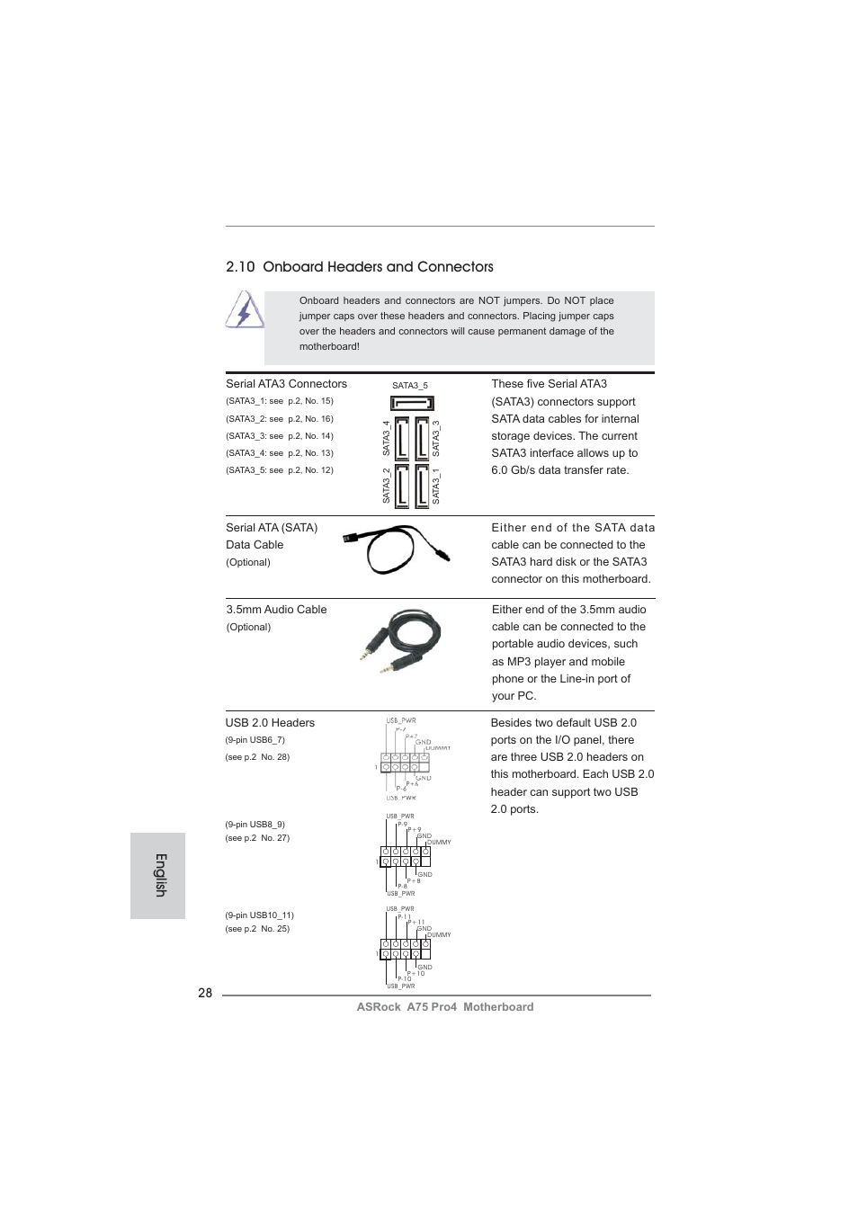 English 2.10 onboard headers and connectors | ASRock A75 Pro4 User Manual | Page 28 / 282