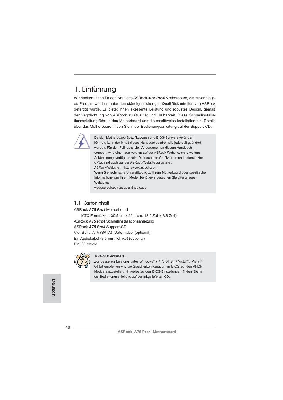 German, Einführung, 1 kartoninhalt | Deutsch | ASRock A75 Pro4 User Manual | Page 40 / 282