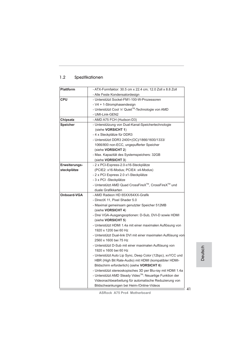 2 spezifikationen, Deutsch | ASRock A75 Pro4 User Manual | Page 41 / 282