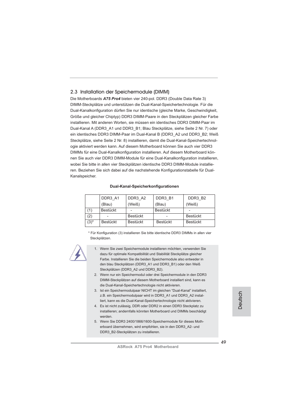 Deutsch 2.3 installation der speichermodule (dimm) | ASRock A75 Pro4 User Manual | Page 49 / 282