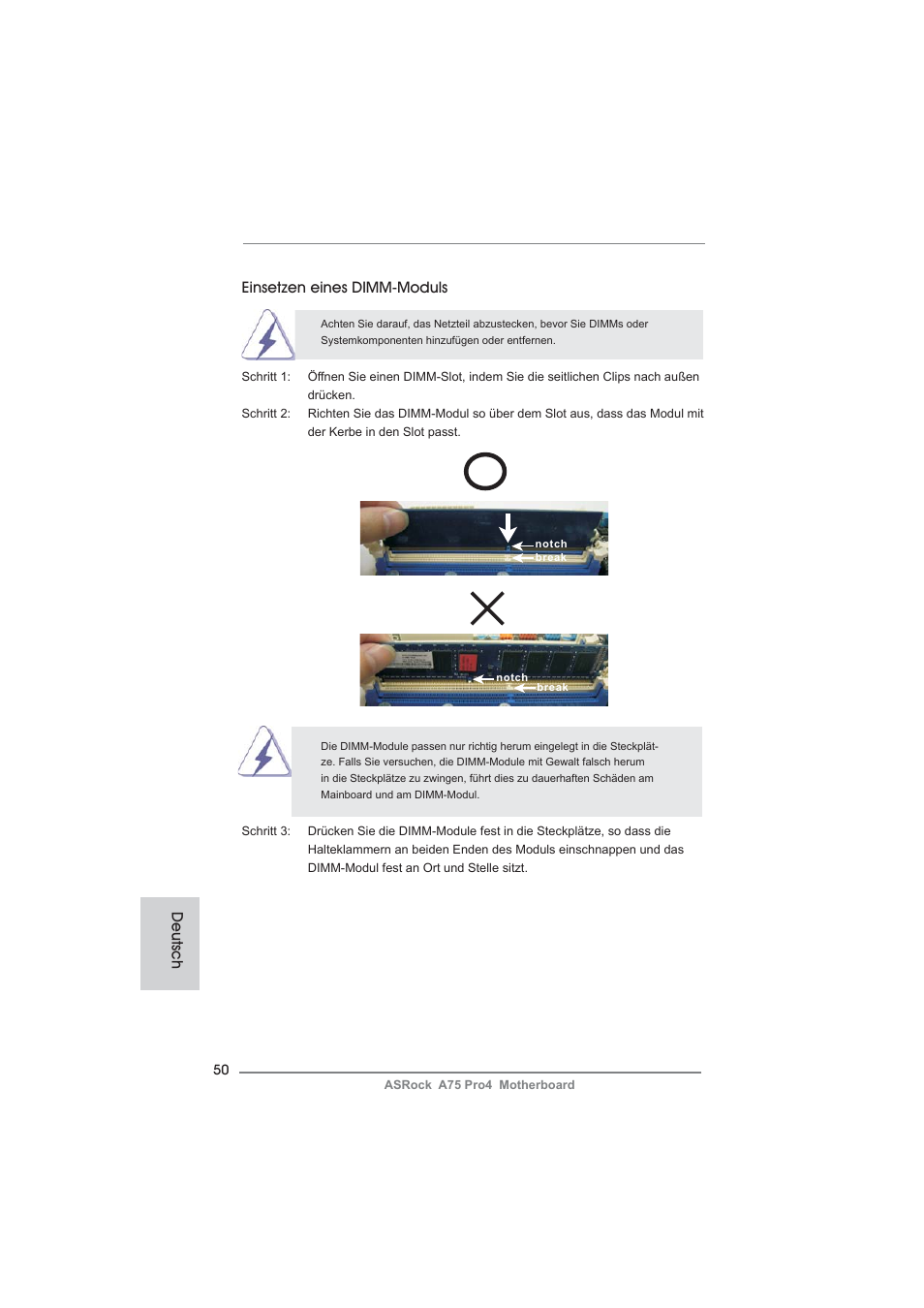 Deutsch einsetzen eines dimm-moduls | ASRock A75 Pro4 User Manual | Page 50 / 282