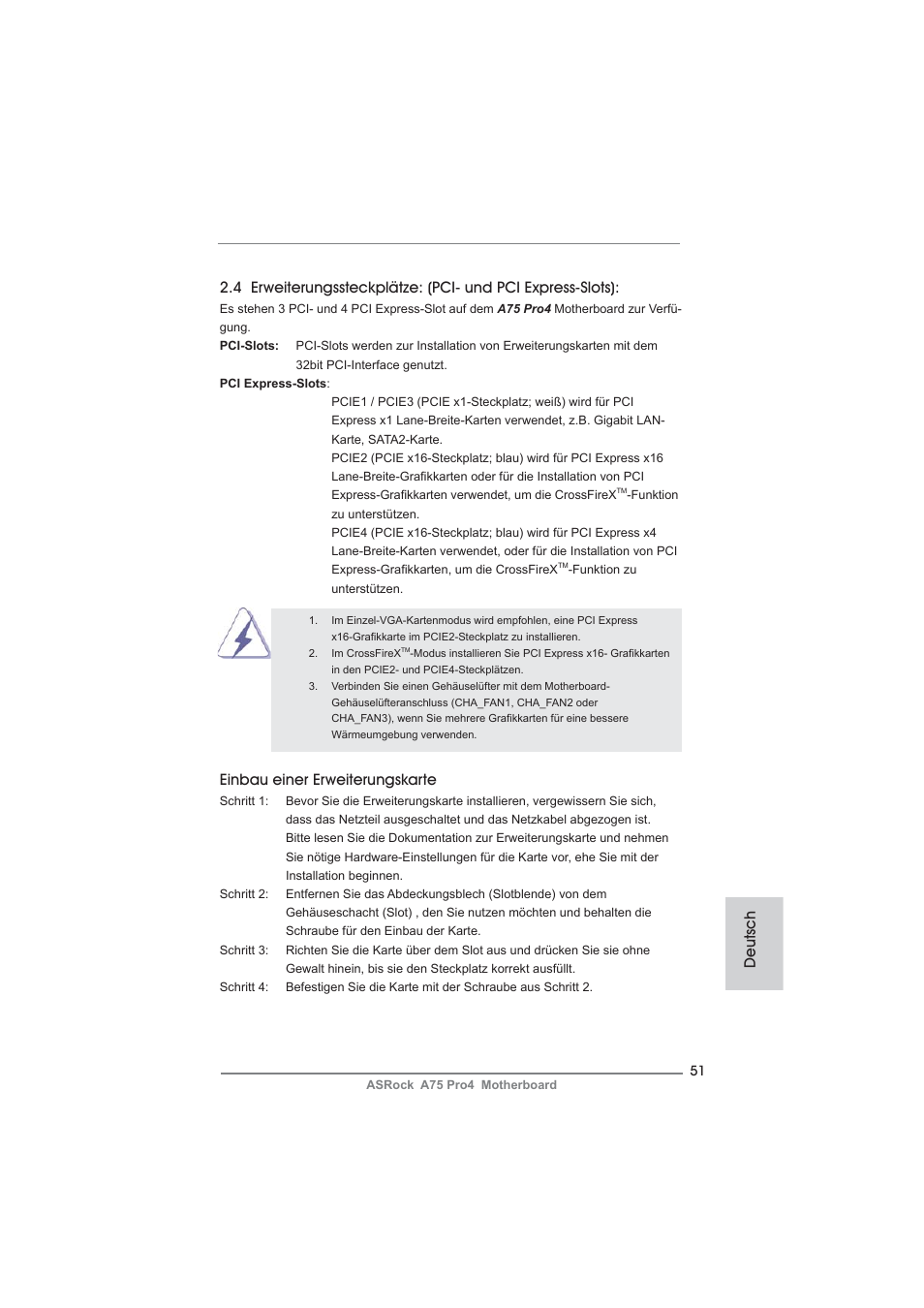 Einbau einer erweiterungskarte | ASRock A75 Pro4 User Manual | Page 51 / 282