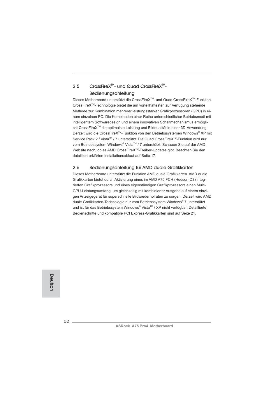 Deutsch 2.5 crossfirex, Und quad crossfirex, Bedienungsanleitung | 6 bedienungsanleitung für amd duale grafikkarten | ASRock A75 Pro4 User Manual | Page 52 / 282