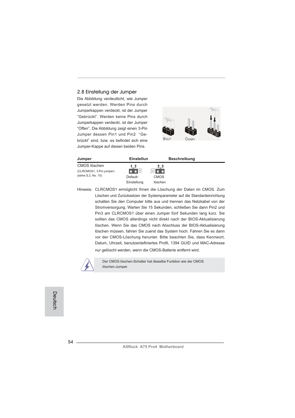Deutsch 2.8 einstellung der jumper | ASRock A75 Pro4 User Manual | Page 54 / 282