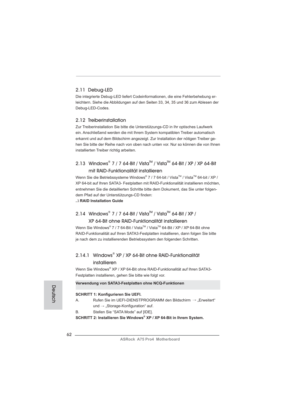 14 windows, 7 / 7 64-bit / vista, Vista | 12 treiberinstallation, 1 windows, 13 windows, 11 debug-led, Deutsch | ASRock A75 Pro4 User Manual | Page 62 / 282