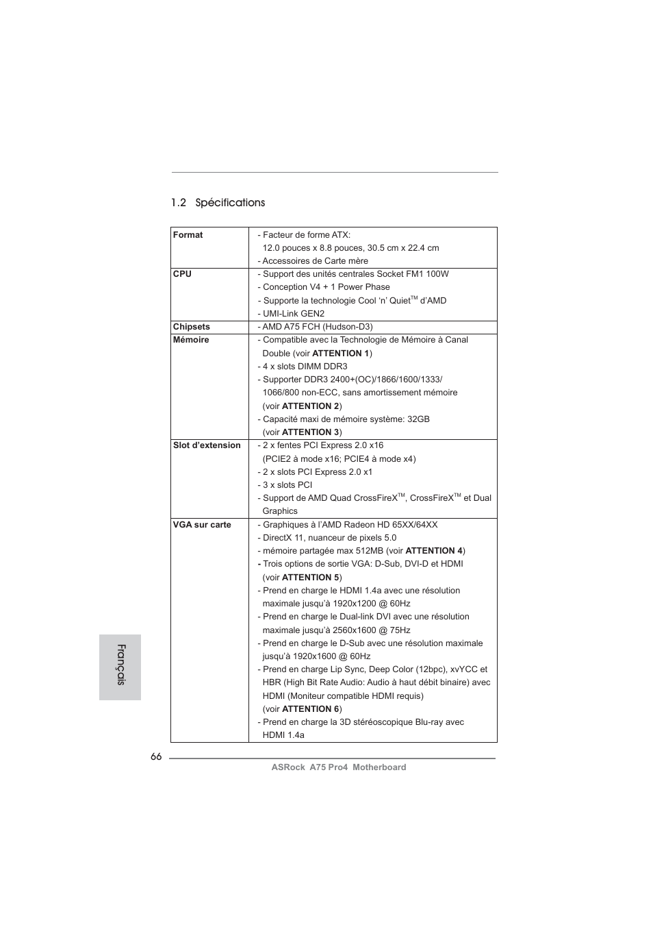 Français 1.2 spécifications | ASRock A75 Pro4 User Manual | Page 66 / 282