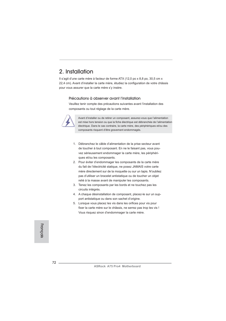 Installation | ASRock A75 Pro4 User Manual | Page 72 / 282