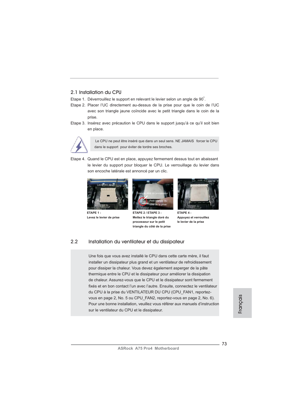 Français 2.1 installation du cpu, 2 installation du ventilateur et du dissipateur | ASRock A75 Pro4 User Manual | Page 73 / 282