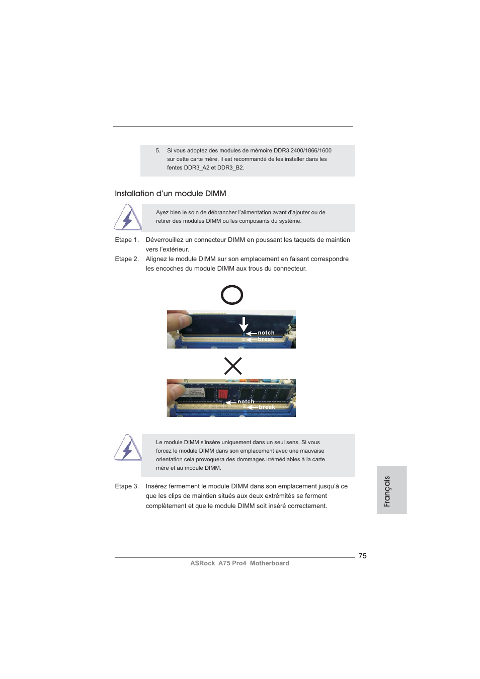 Français installation d’un module dimm | ASRock A75 Pro4 User Manual | Page 75 / 282
