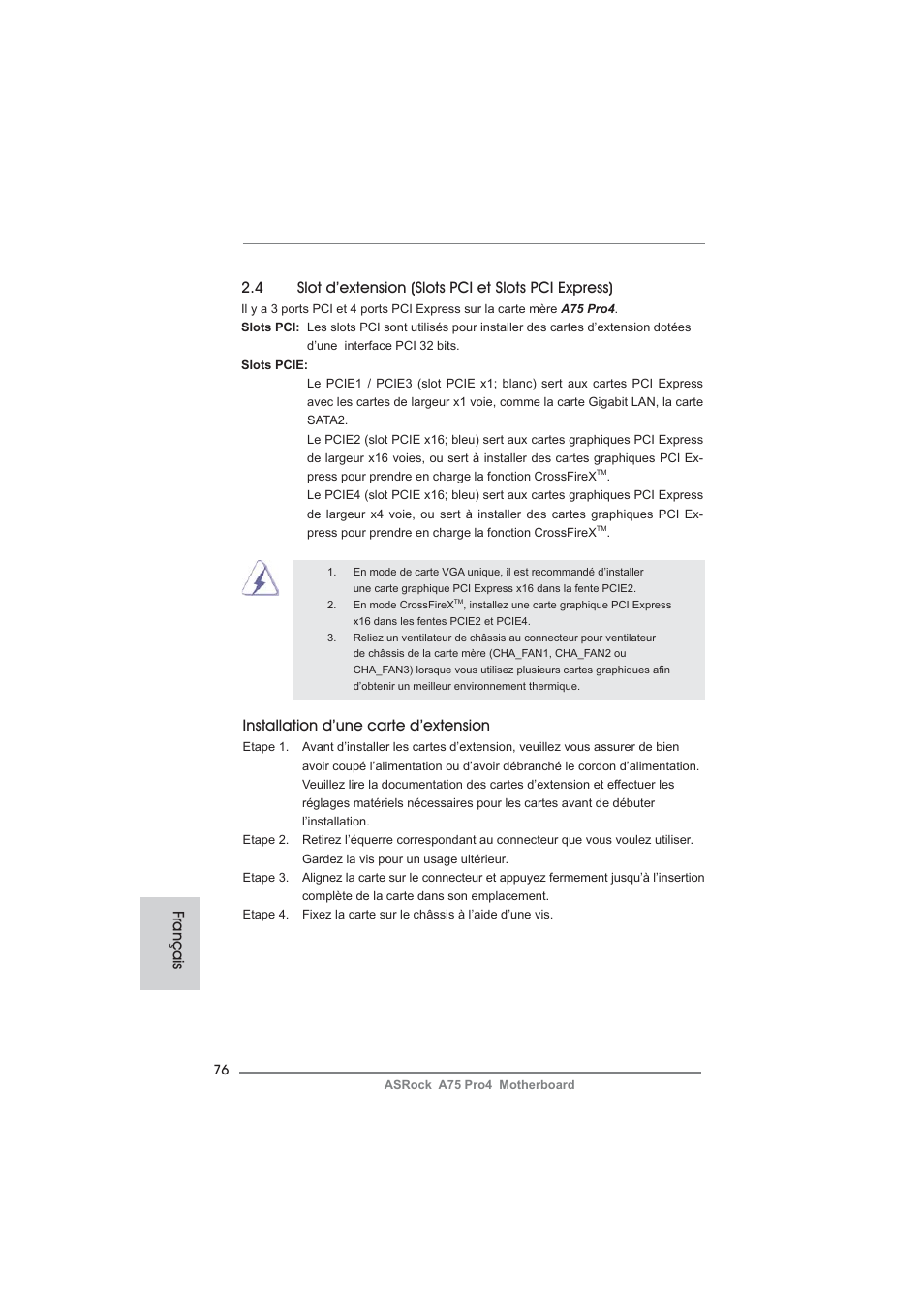 Installation d’une carte d’extension | ASRock A75 Pro4 User Manual | Page 76 / 282