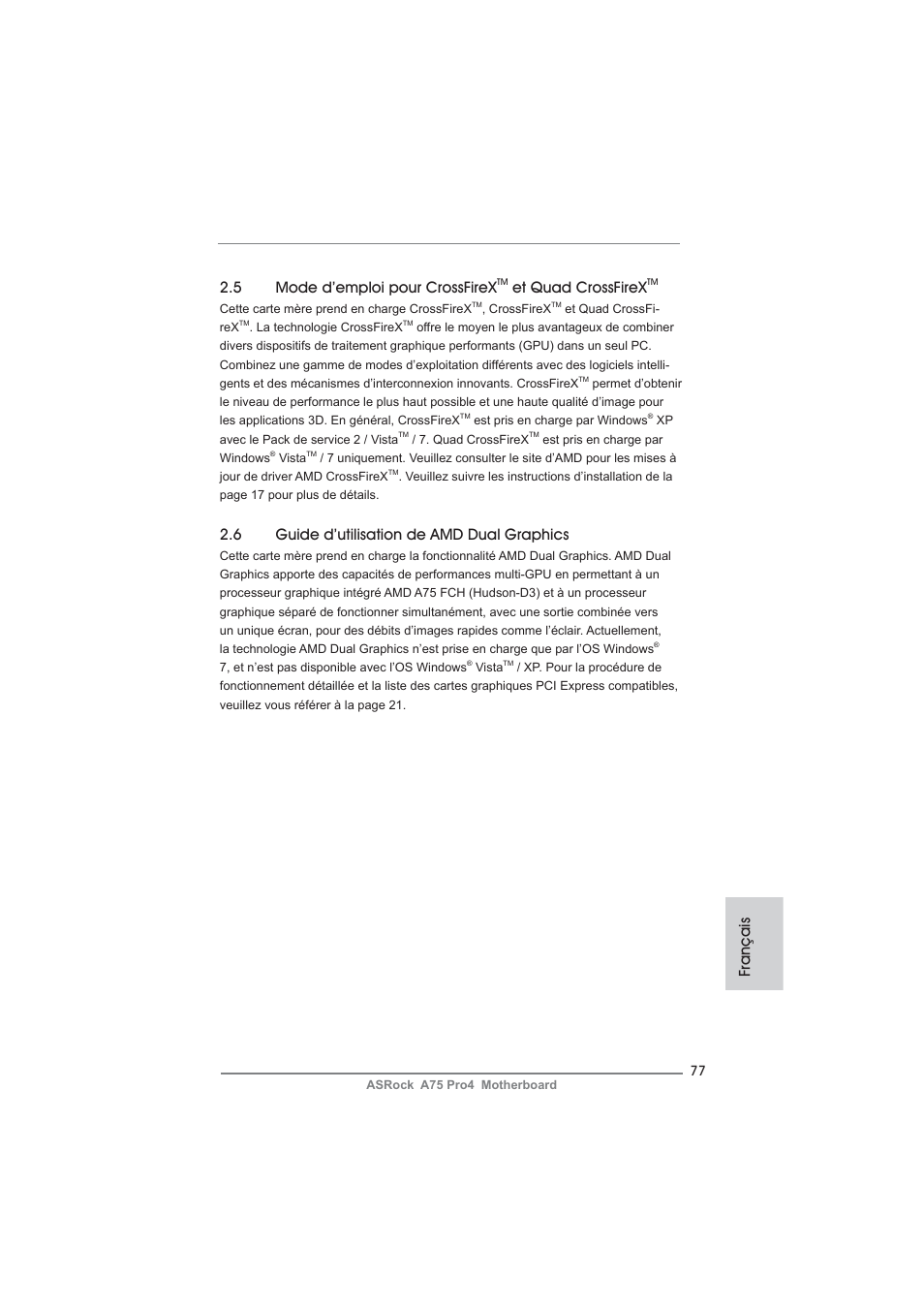 Français 2.5 mode d’emploi pour crossfirex, Et quad crossfirex, 6 guide d’utilisation de amd dual graphics | ASRock A75 Pro4 User Manual | Page 77 / 282