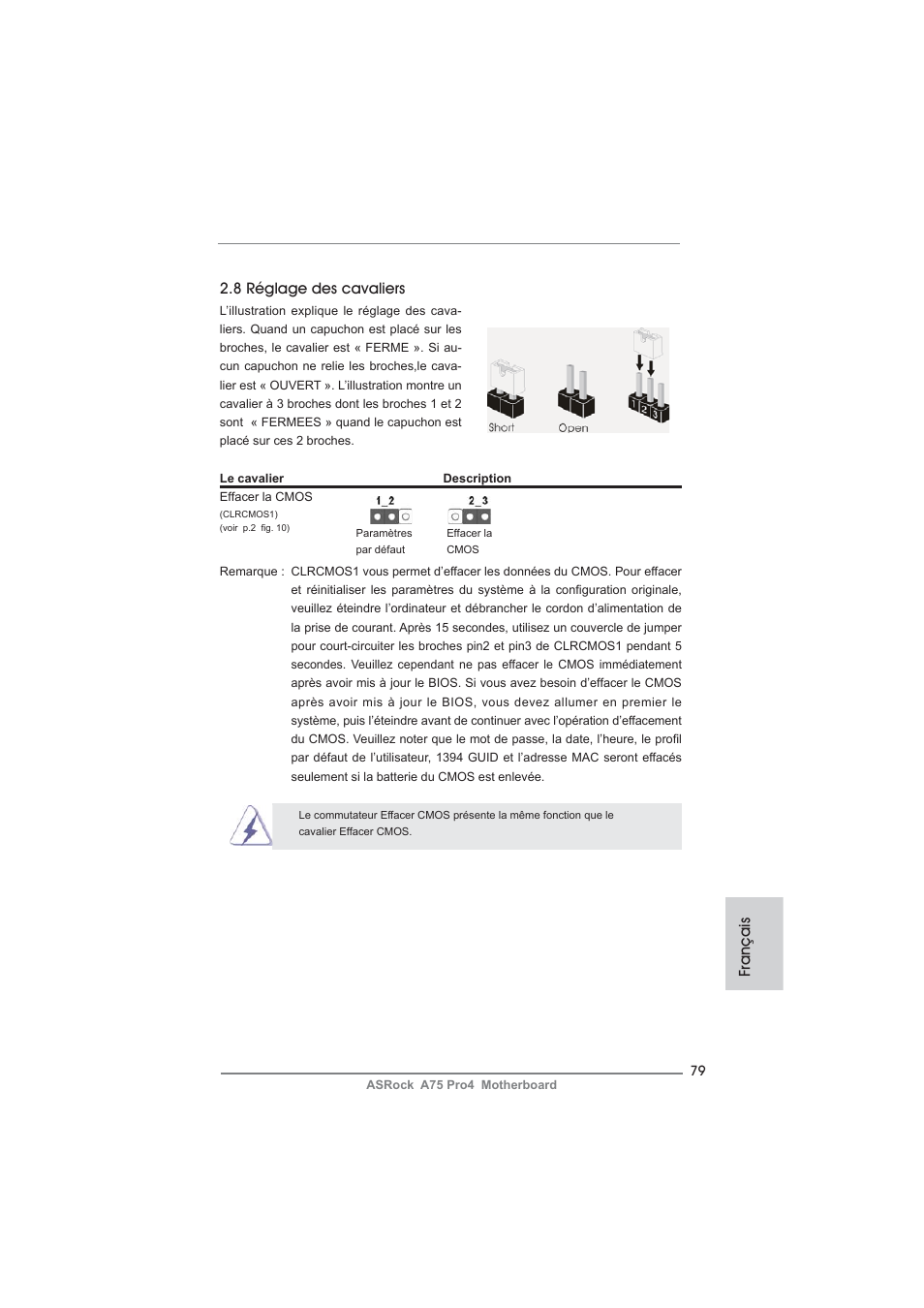 Français 2.8 réglage des cavaliers | ASRock A75 Pro4 User Manual | Page 79 / 282