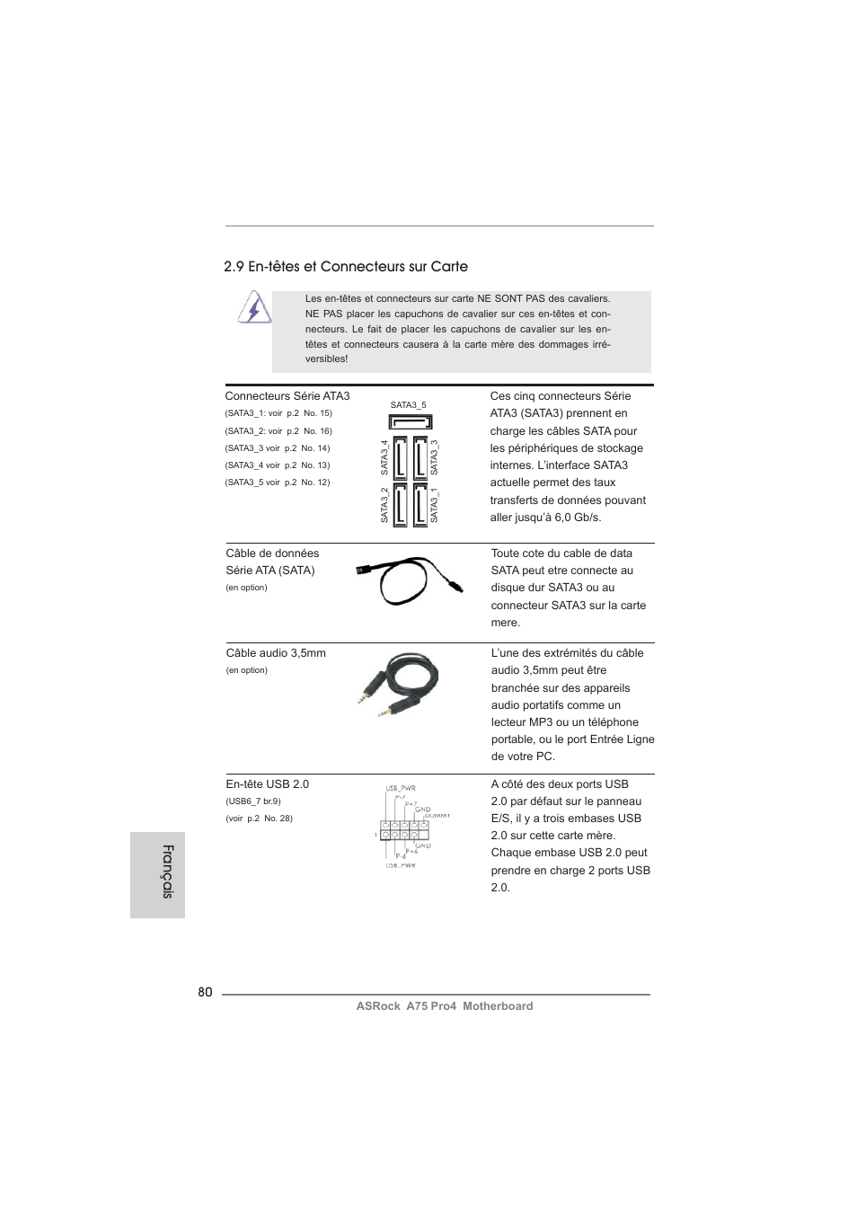 Français, 9 en-têtes et connecteurs sur carte | ASRock A75 Pro4 User Manual | Page 80 / 282