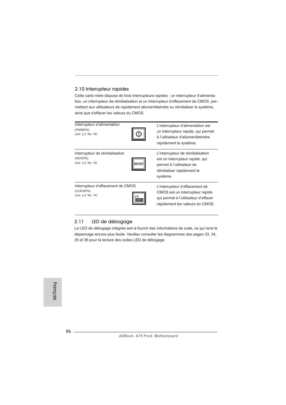 10 interrupteur rapides, 11 led de débogage, Français | ASRock A75 Pro4 User Manual | Page 86 / 282