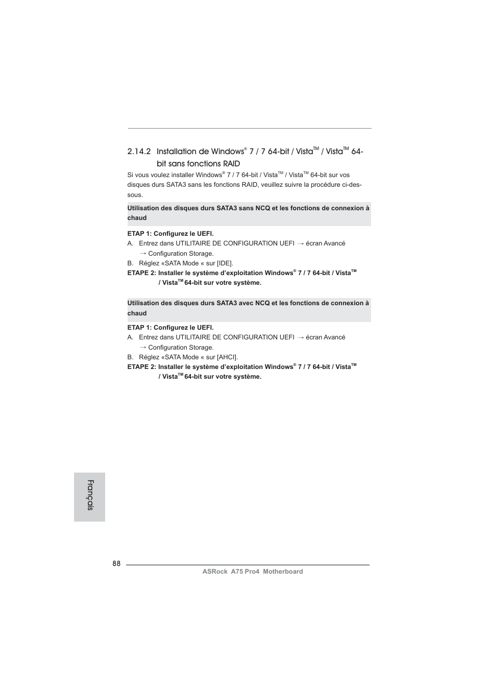 2 installation de windows, 7 / 7 64-bit / vista, Vista | Bit sans fonctions raid, Français | ASRock A75 Pro4 User Manual | Page 88 / 282