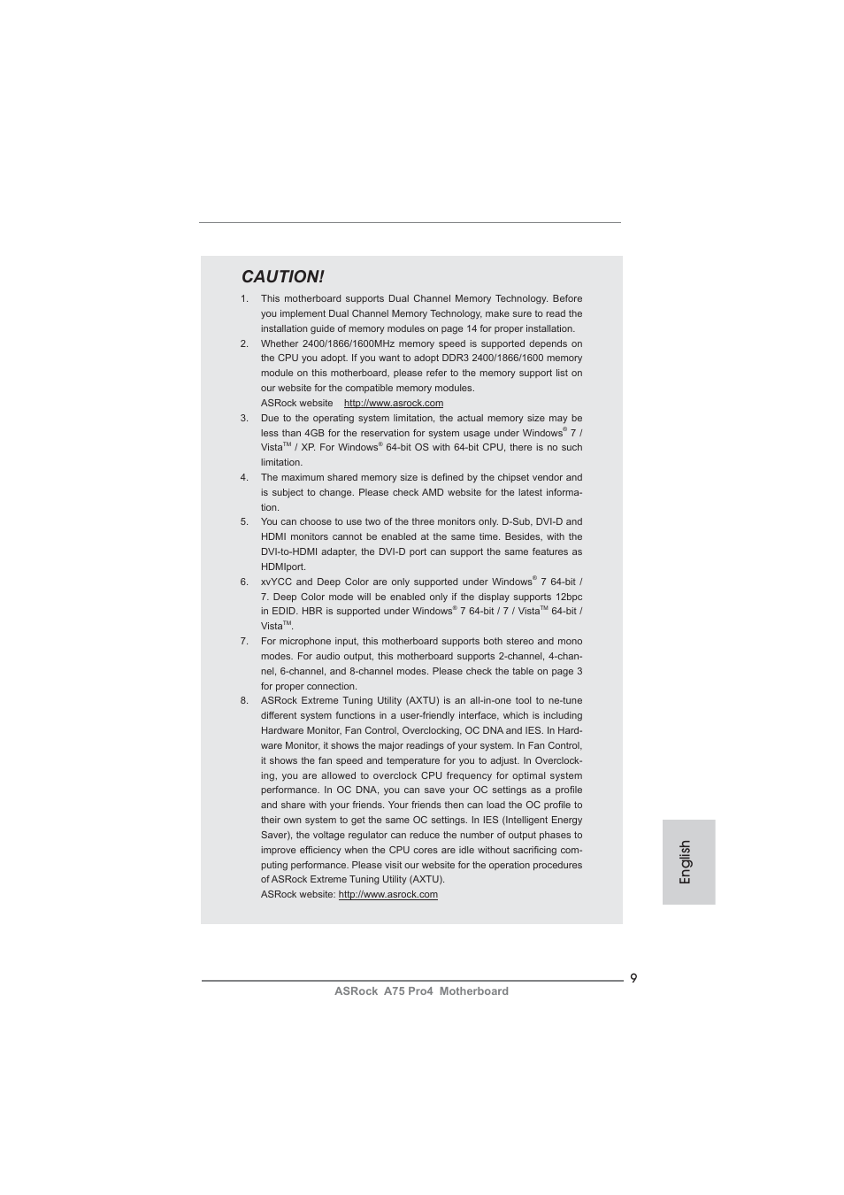 Caution, English | ASRock A75 Pro4 User Manual | Page 9 / 282