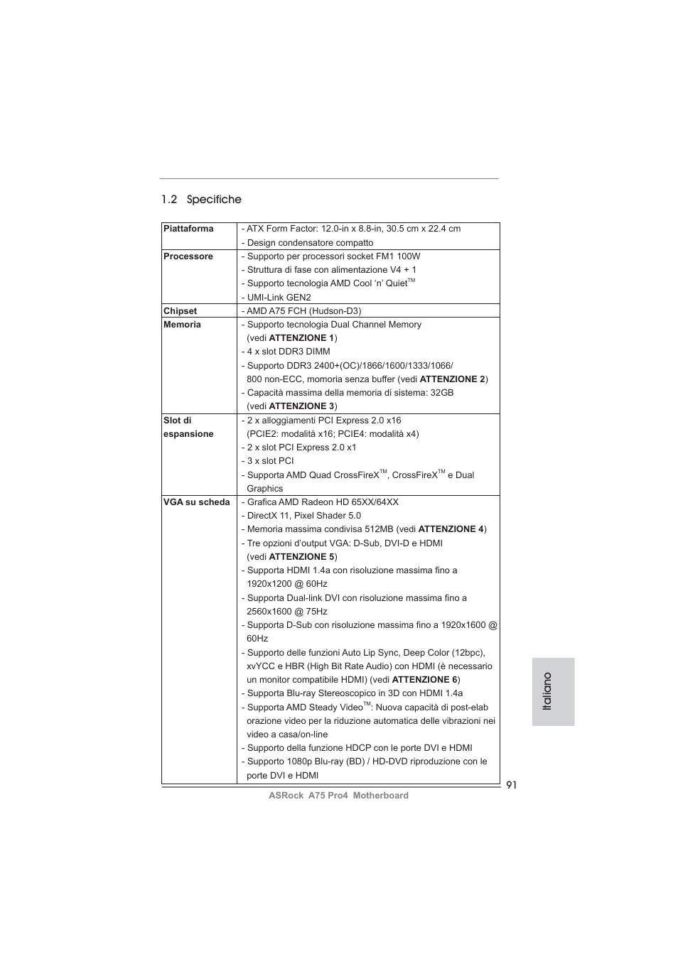 Italiano 1.2 specifiche | ASRock A75 Pro4 User Manual | Page 91 / 282