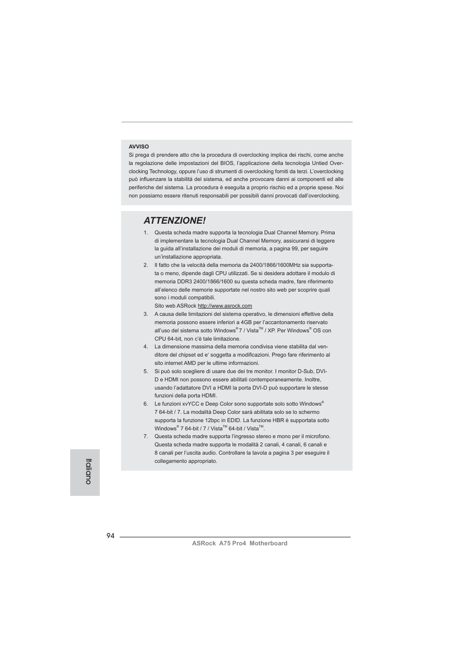 Attenzione, Italiano | ASRock A75 Pro4 User Manual | Page 94 / 282