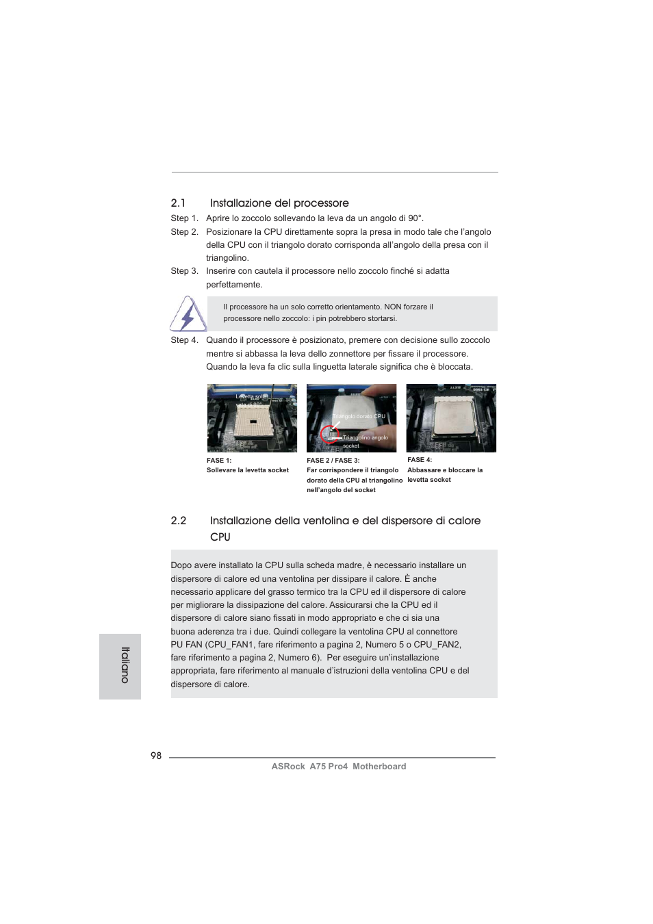 1 installazione del processore, Italiano | ASRock A75 Pro4 User Manual | Page 98 / 282