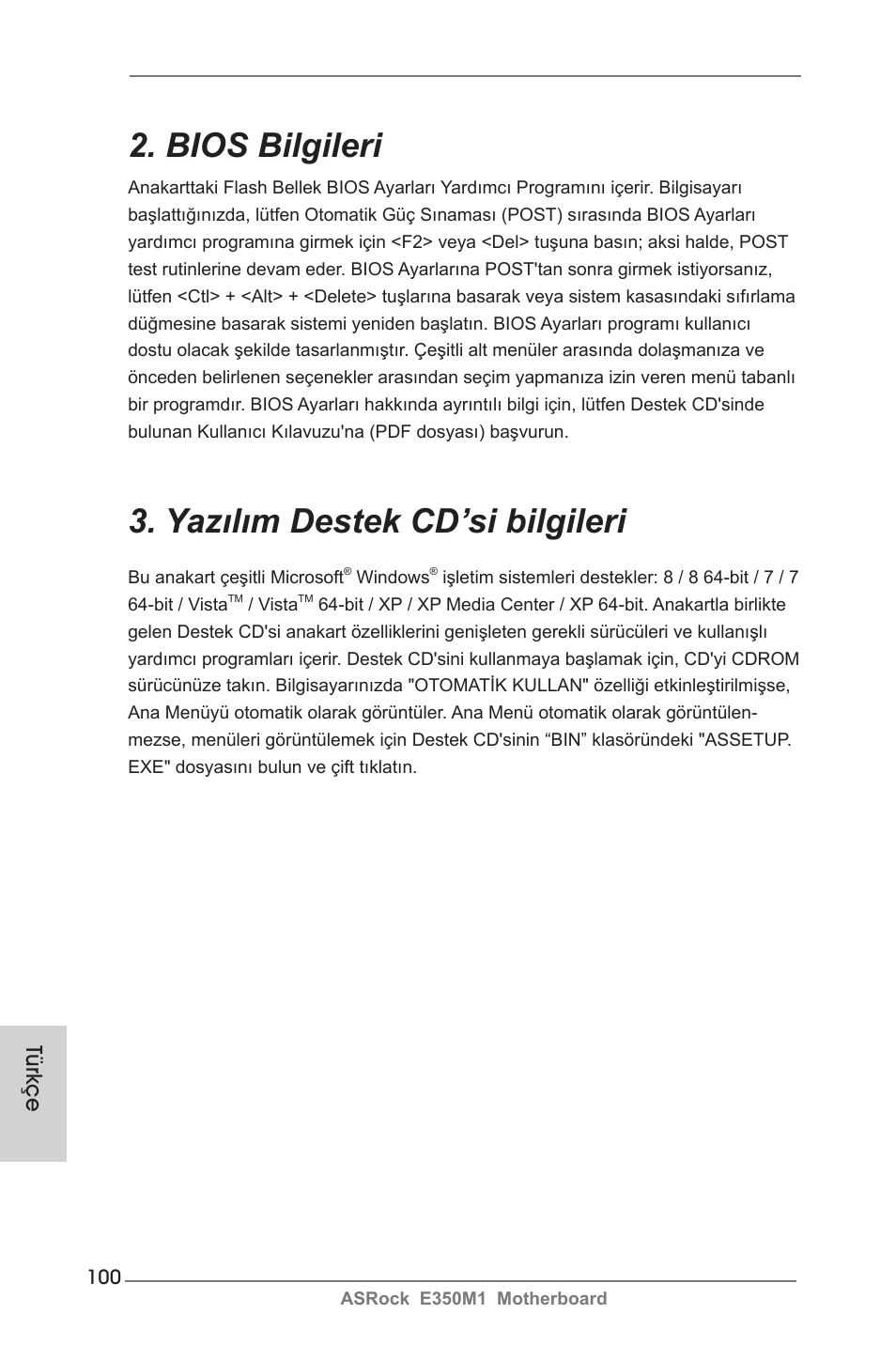 Bios bilgileri, Yazılım destek cd’si bilgileri, Türkçe | ASRock E350M1 User Manual | Page 100 / 144