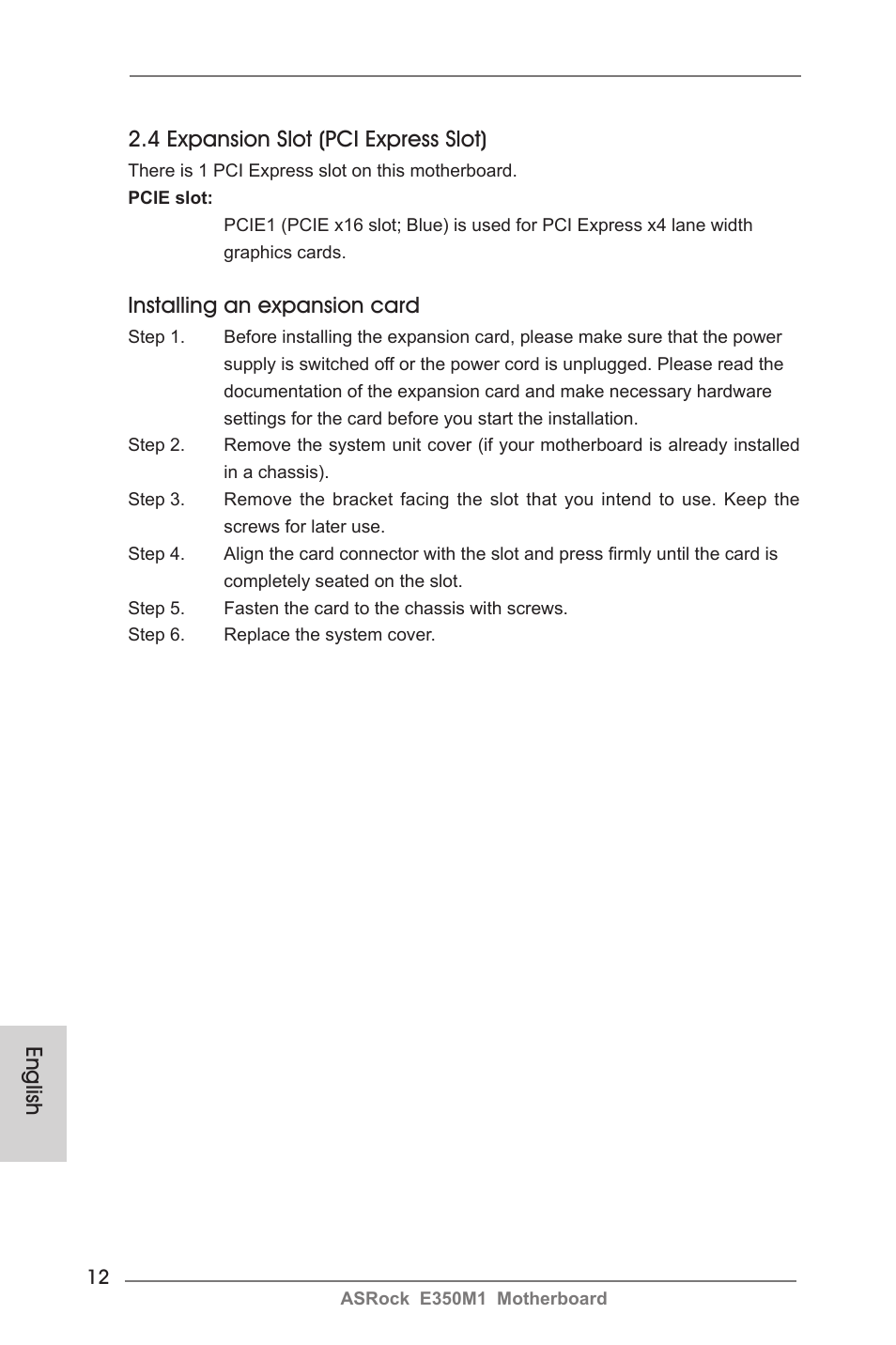 English 2.4 expansion slot (pci express slot), Installing an expansion card | ASRock E350M1 User Manual | Page 12 / 144