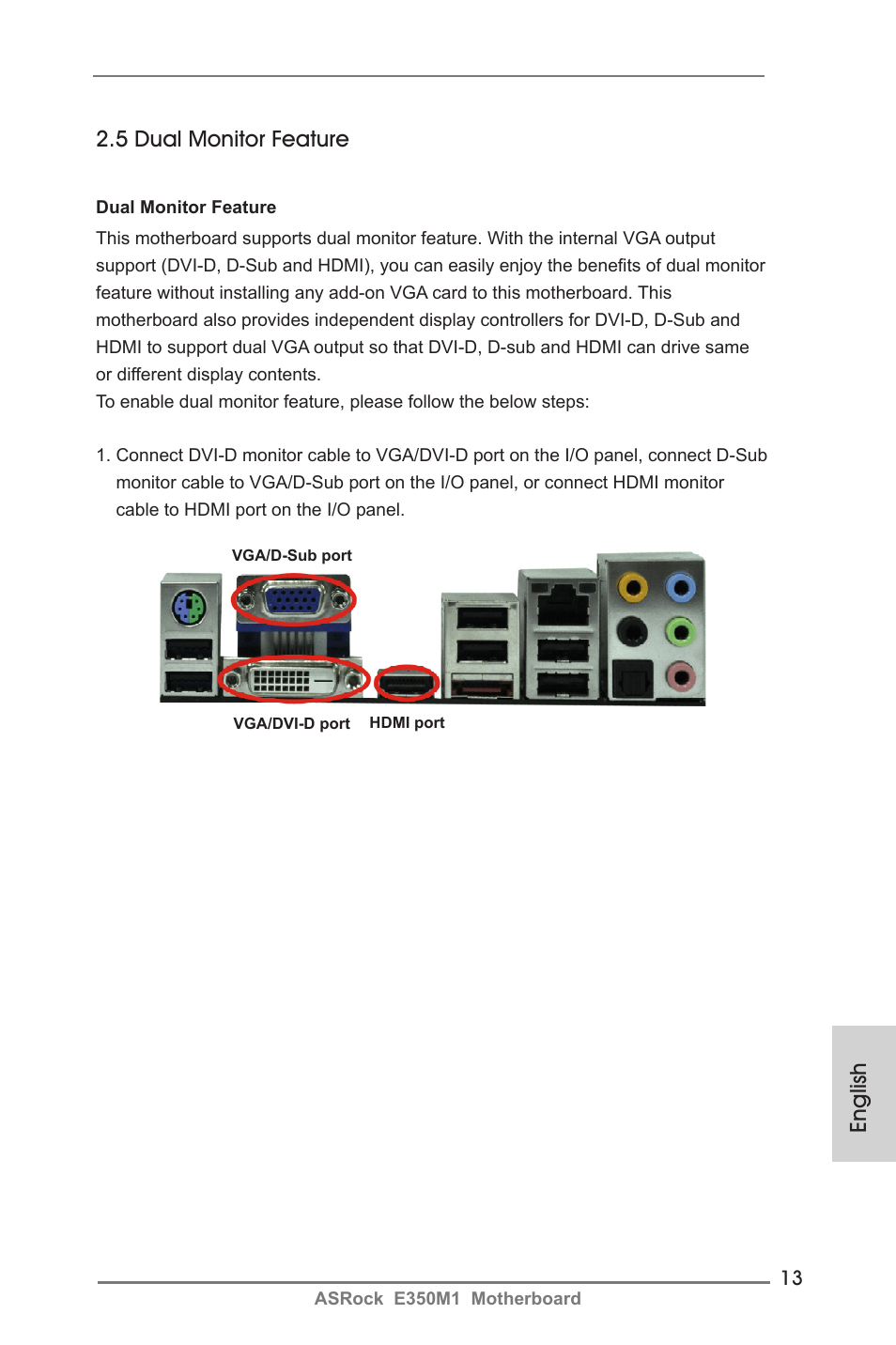 English 2.5 dual monitor feature | ASRock E350M1 User Manual | Page 13 / 144