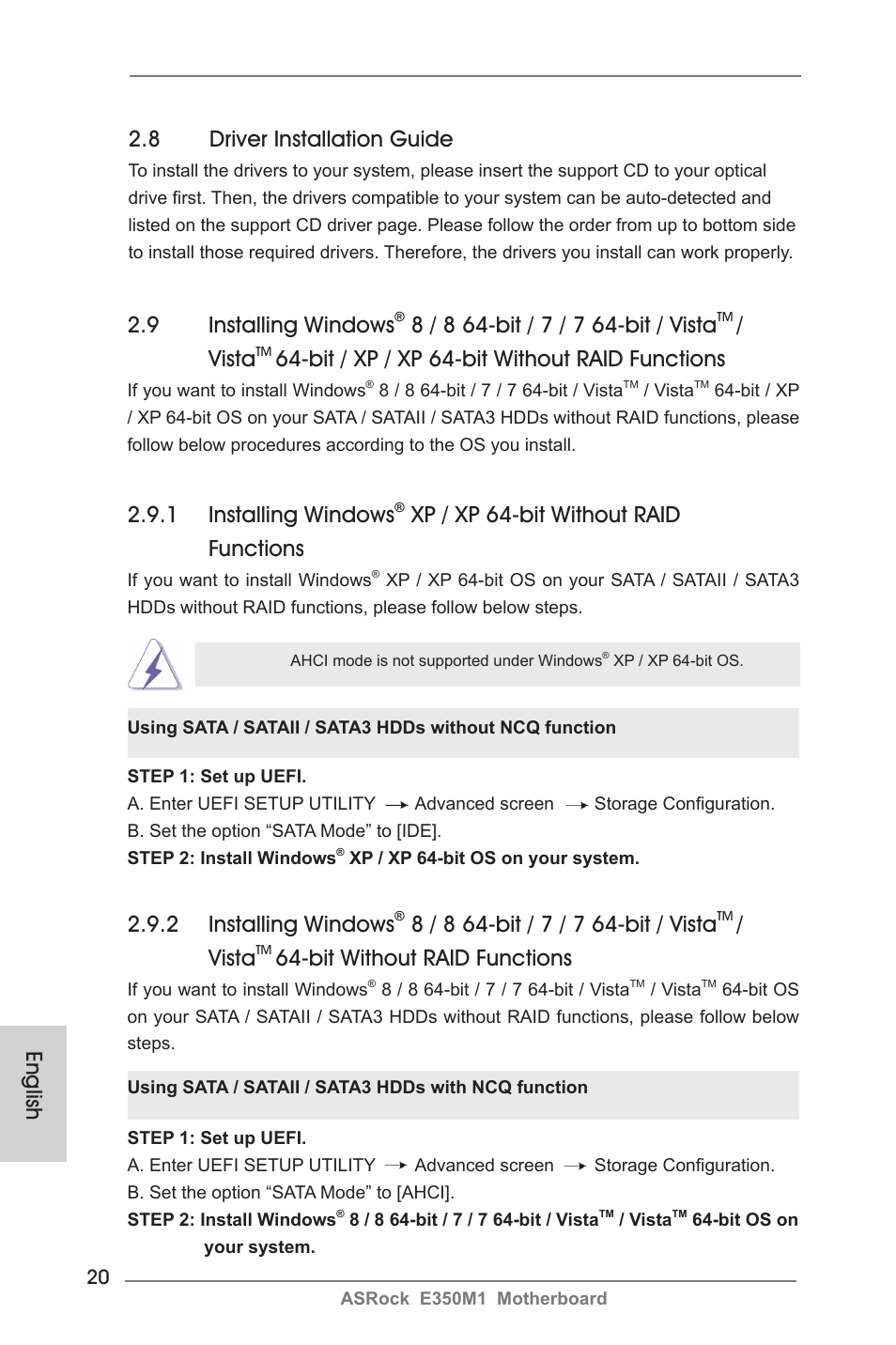 English 2.8 driver installation guide, 9 installing windows, Vista | Bit / xp / xp 64-bit without raid functions, 1 installing windows, Xp / xp 64-bit without raid functions, 2 installing windows, Bit without raid functions | ASRock E350M1 User Manual | Page 20 / 144