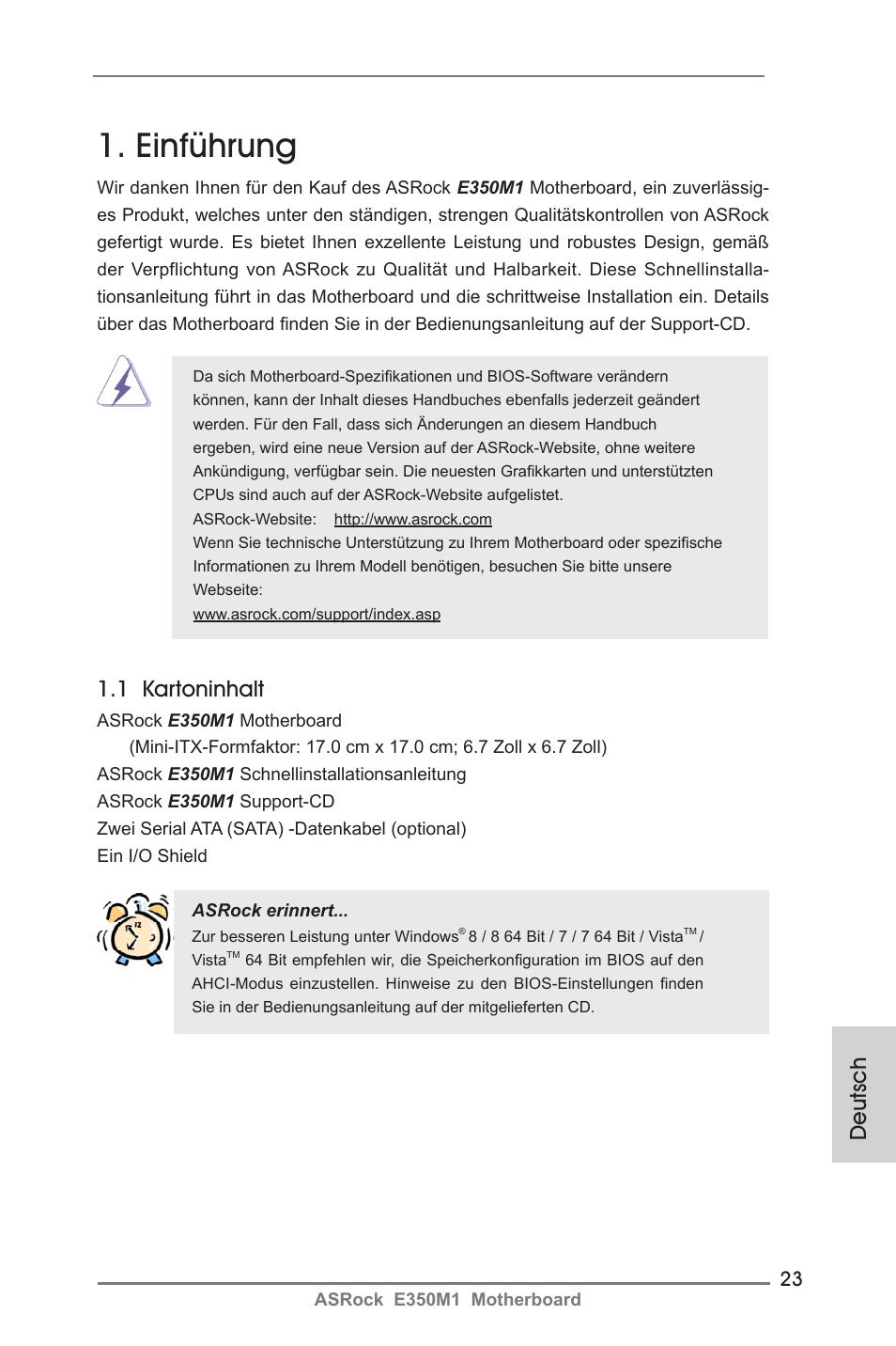 German, Einführung, Deutsch | 1 kartoninhalt | ASRock E350M1 User Manual | Page 23 / 144
