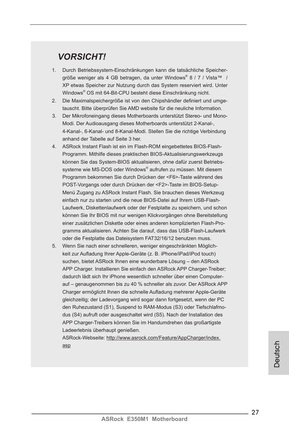 Vorsicht, Deutsch | ASRock E350M1 User Manual | Page 27 / 144