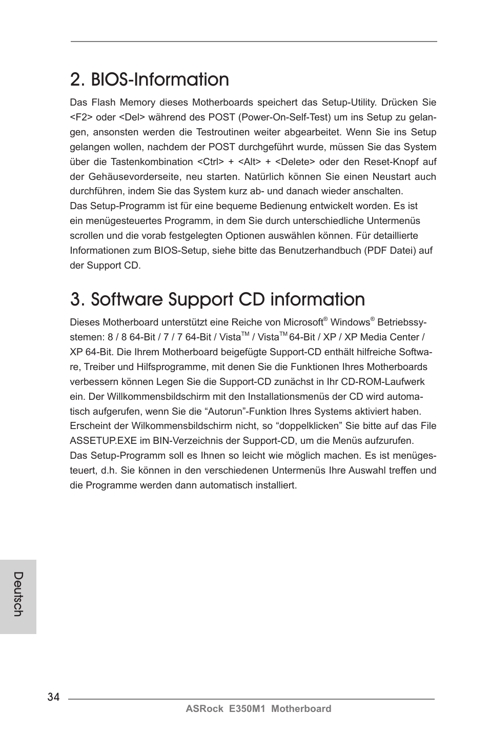 Bios-information, Software support cd information, Deutsch | ASRock E350M1 User Manual | Page 34 / 144