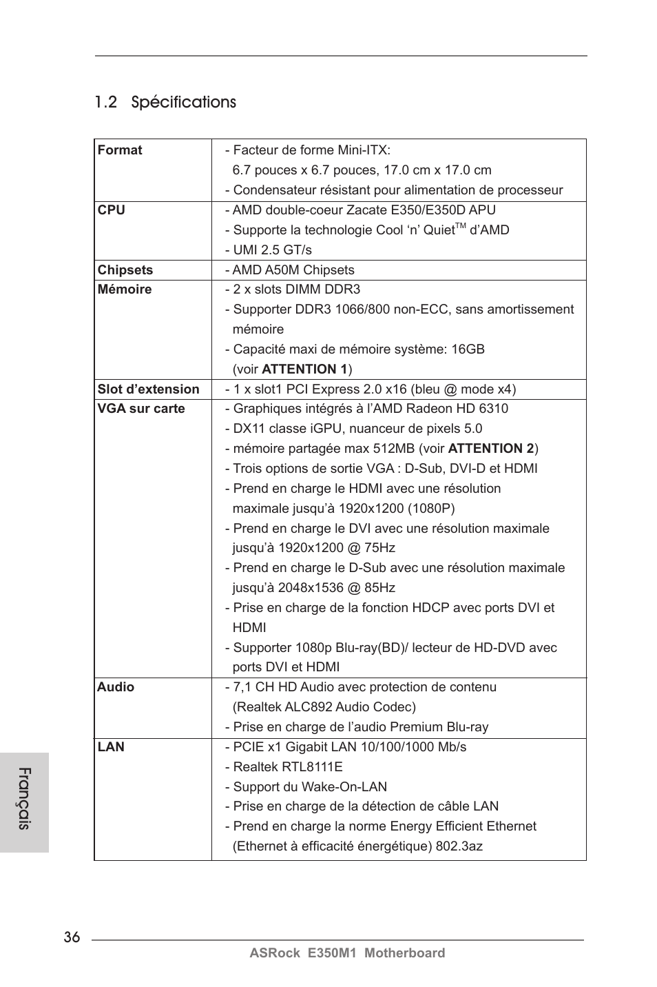 2 spécifications, Français | ASRock E350M1 User Manual | Page 36 / 144