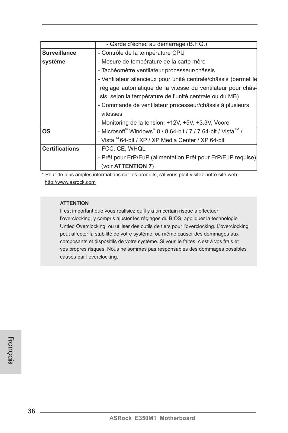 Français | ASRock E350M1 User Manual | Page 38 / 144