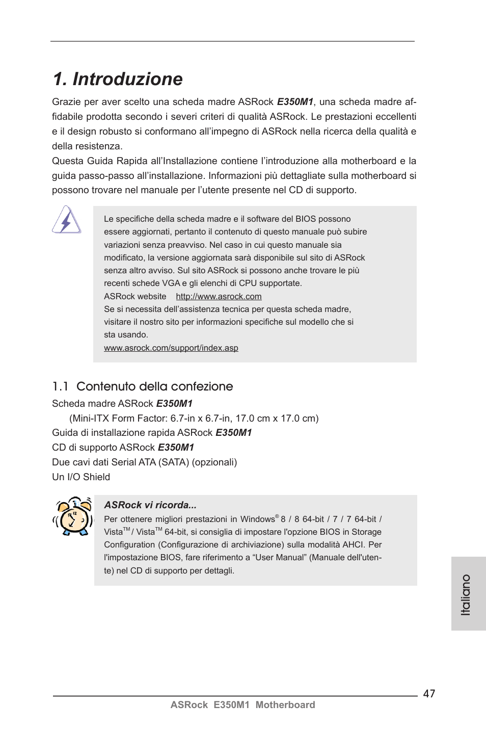 Italian, Introduzione, Italiano | 1 contenuto della confezione | ASRock E350M1 User Manual | Page 47 / 144
