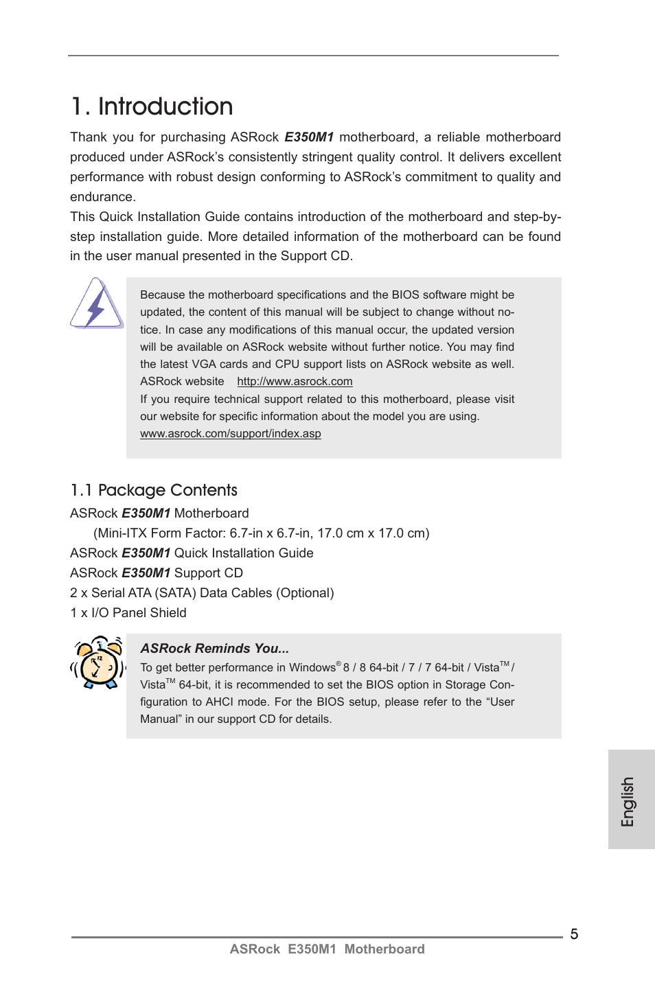 Introduction, 1 package contents, English | ASRock E350M1 User Manual | Page 5 / 144