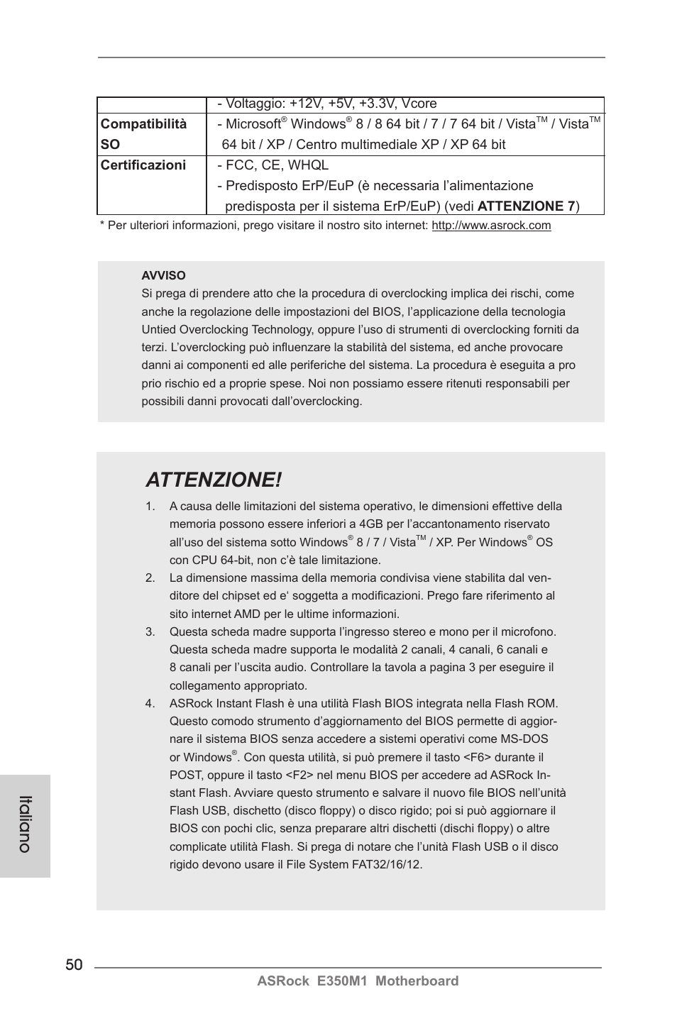 Attenzione, Italiano | ASRock E350M1 User Manual | Page 50 / 144