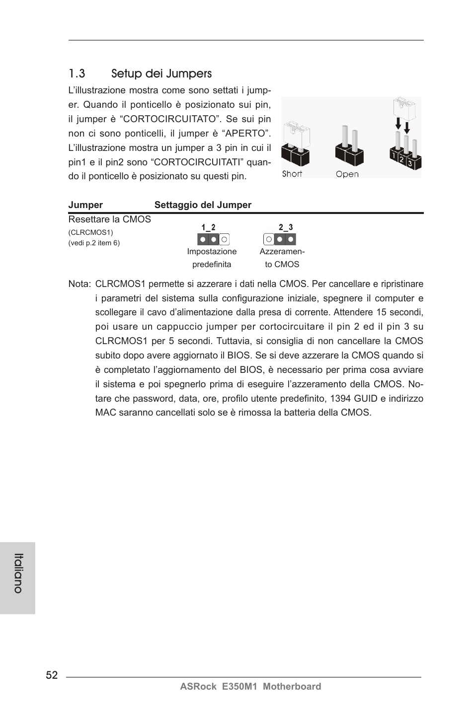 3 setup dei jumpers, Italiano | ASRock E350M1 User Manual | Page 52 / 144