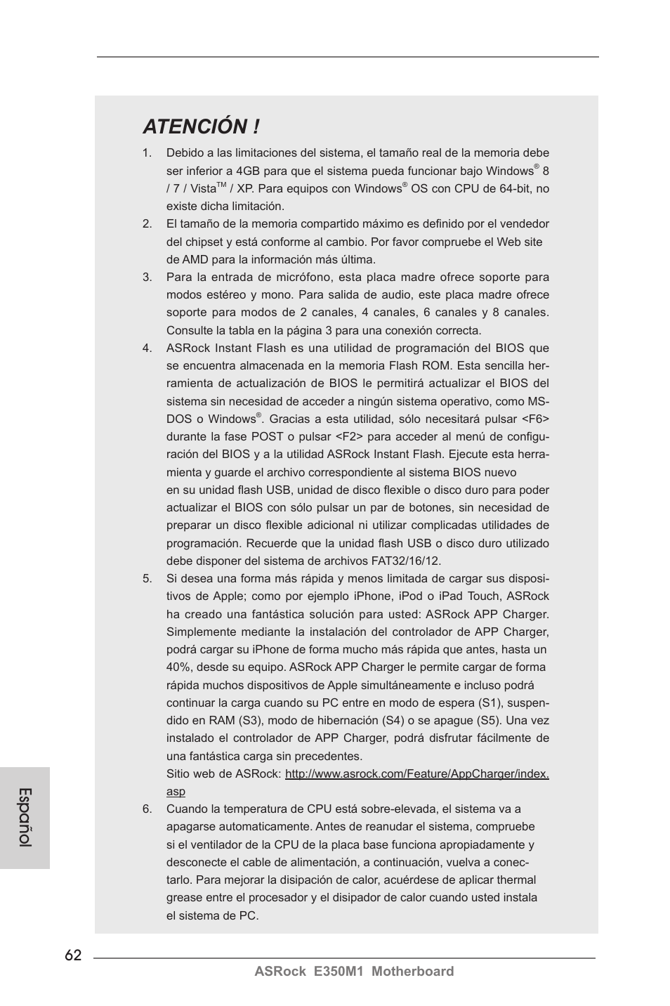 Atención, Español | ASRock E350M1 User Manual | Page 62 / 144