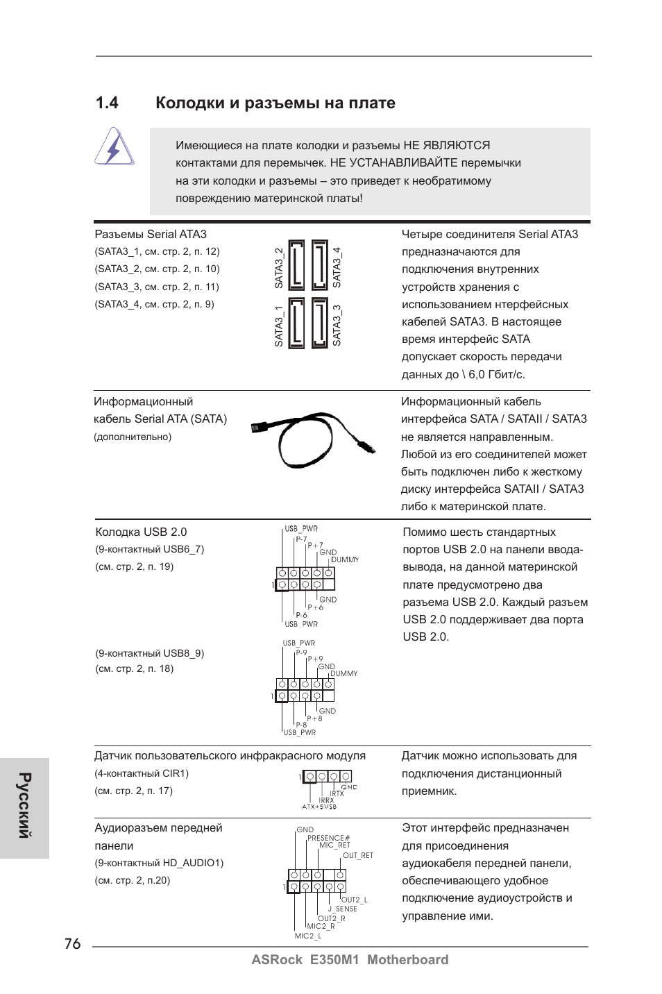 4 колодки и разъемы на плате, Ру сский, Asrock e350m1 motherboard | ASRock E350M1 User Manual | Page 76 / 144