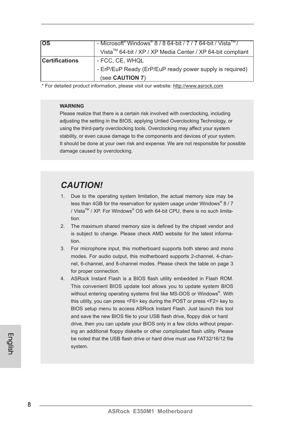 Caution, English | ASRock E350M1 User Manual | Page 8 / 144