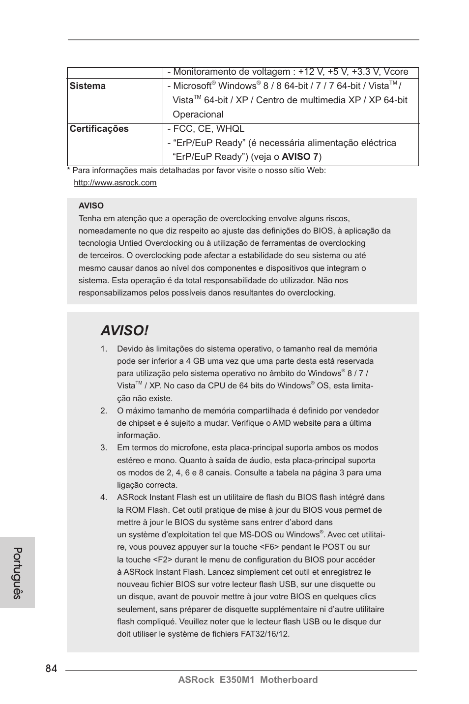 Aviso, Por tuguês | ASRock E350M1 User Manual | Page 84 / 144