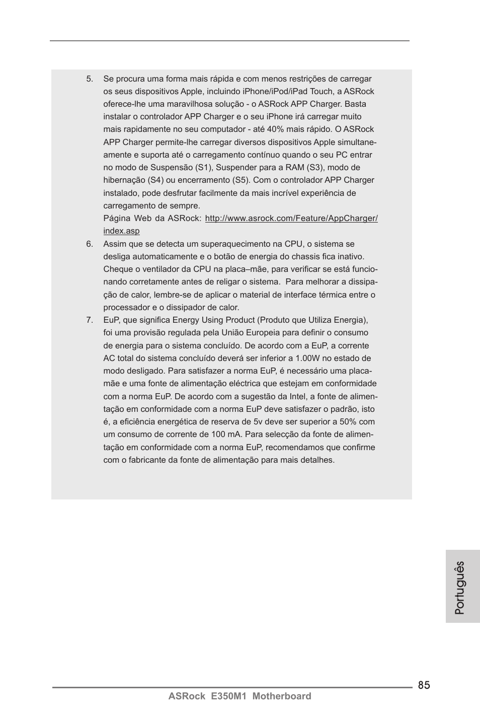 Por tuguês | ASRock E350M1 User Manual | Page 85 / 144