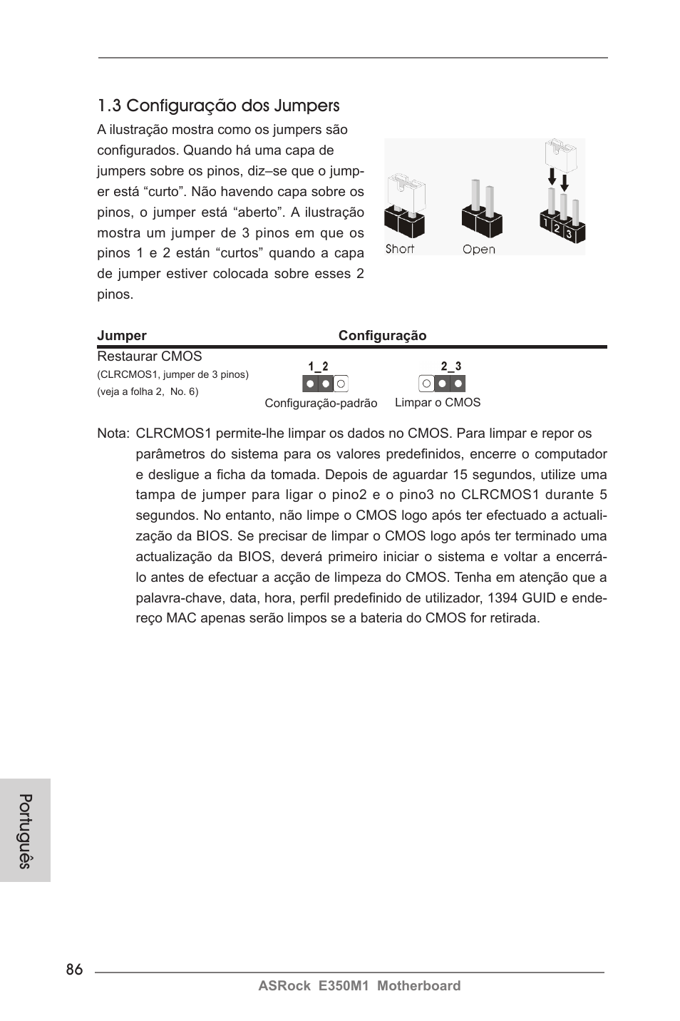 Por tuguês 1.3 configuração dos jumpers | ASRock E350M1 User Manual | Page 86 / 144