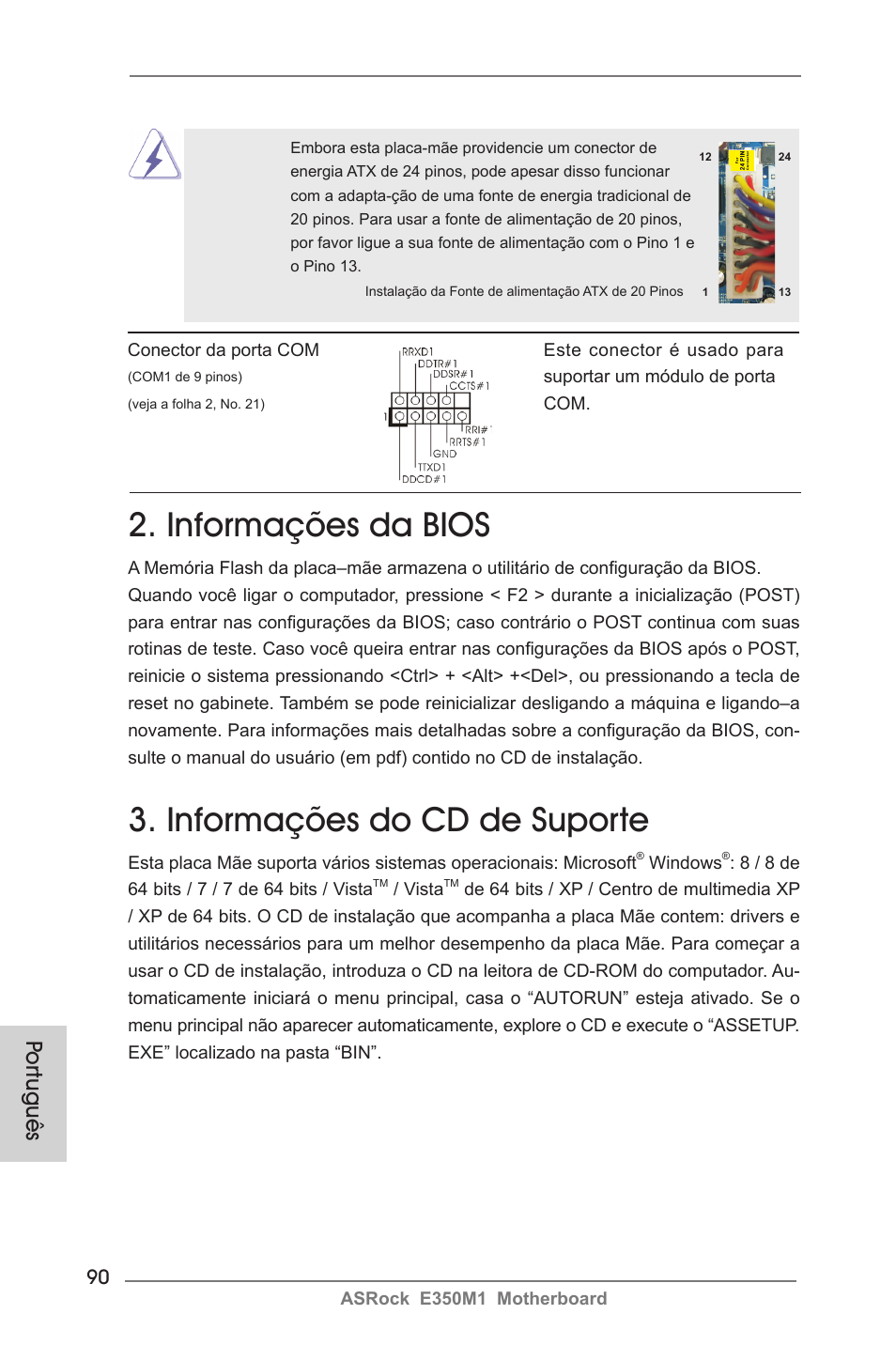 Informações da bios, Informações do cd de suporte, Por tuguês | ASRock E350M1 User Manual | Page 90 / 144