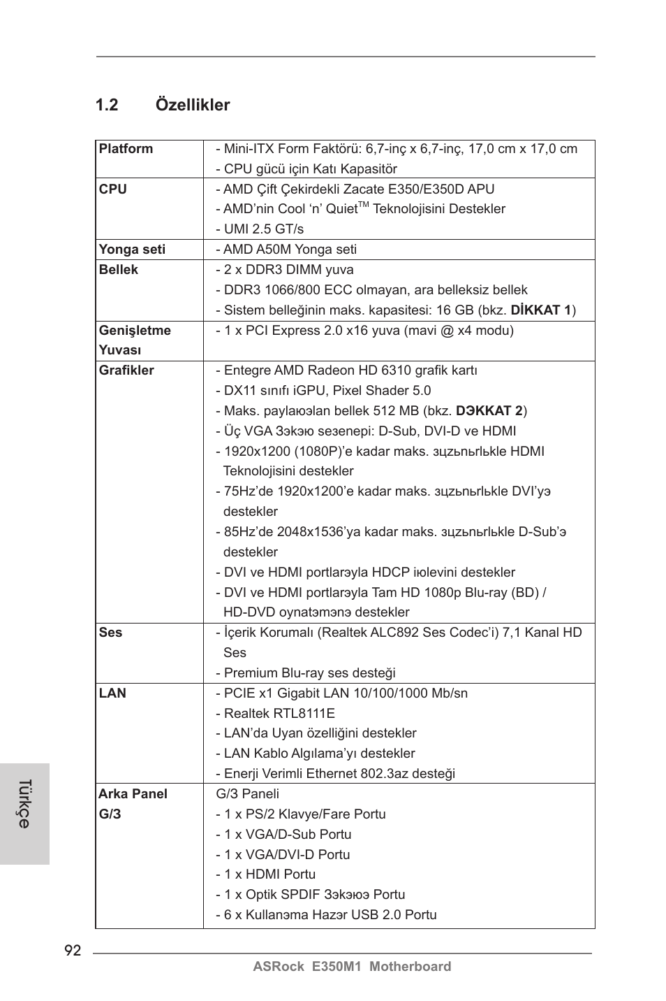 2 özellikler, Türkçe | ASRock E350M1 User Manual | Page 92 / 144