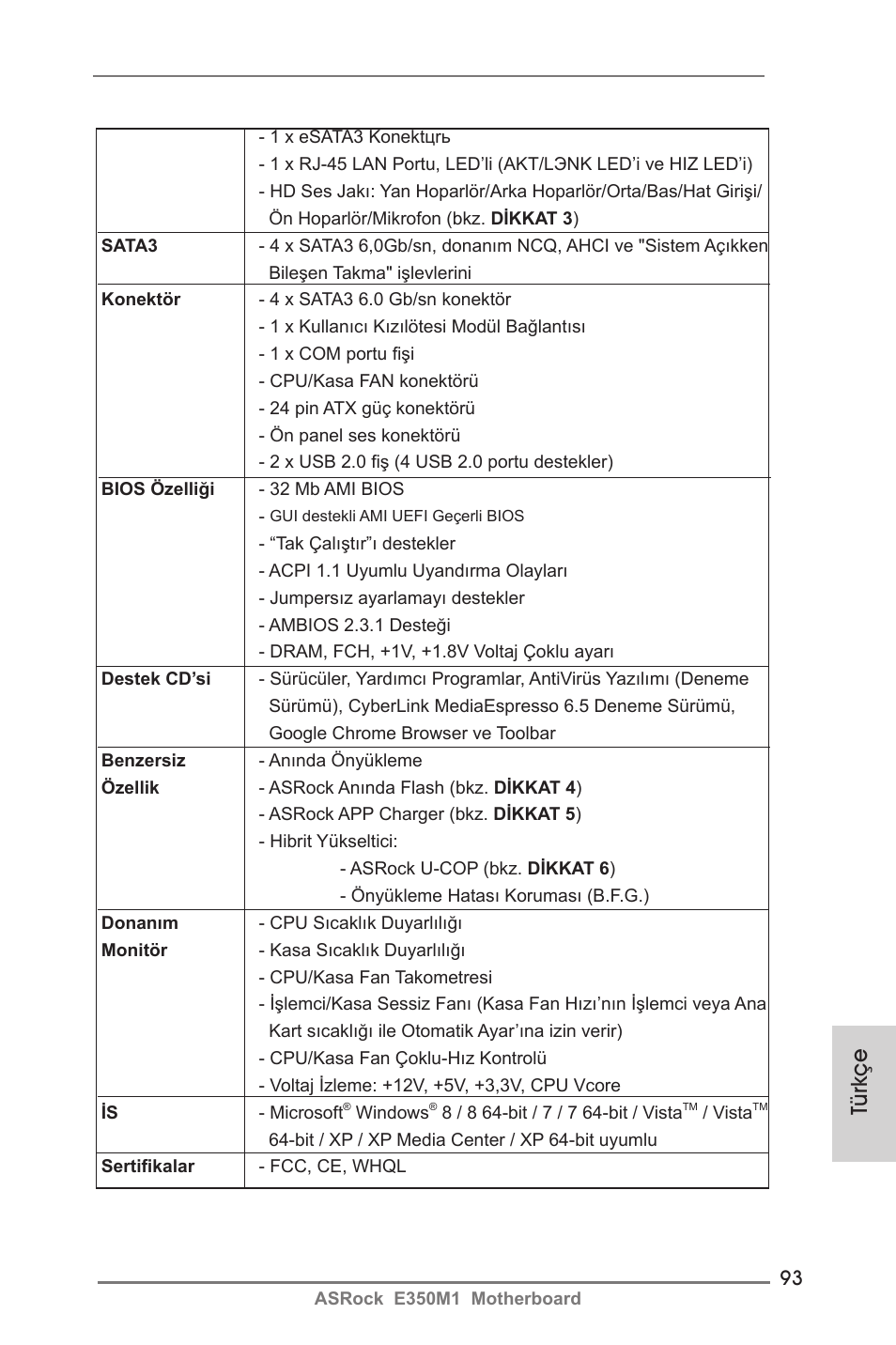 Türkçe | ASRock E350M1 User Manual | Page 93 / 144