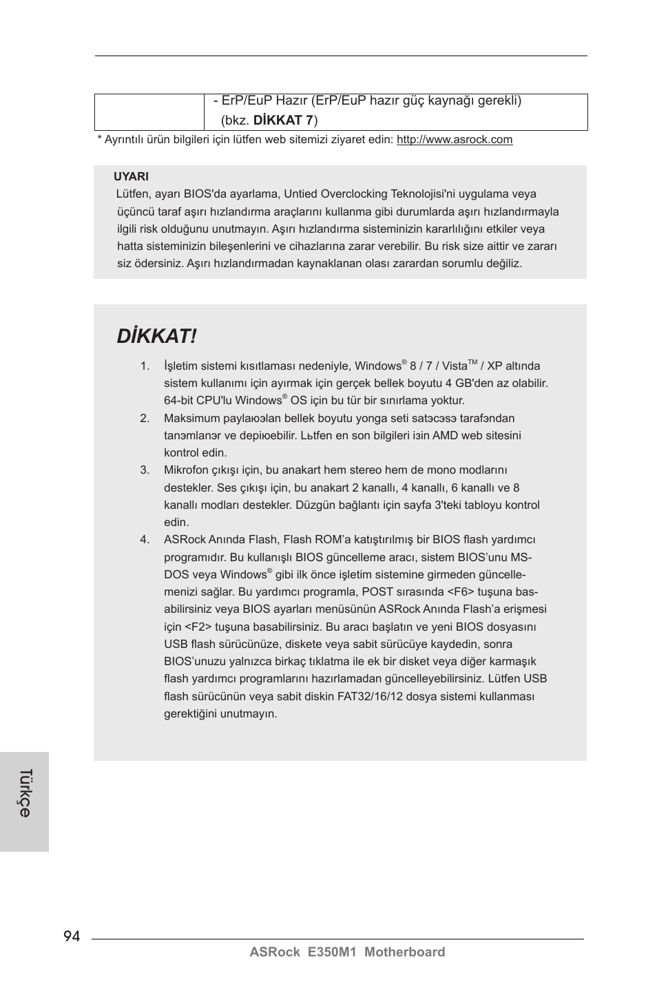 Dikkat, Türkçe | ASRock E350M1 User Manual | Page 94 / 144
