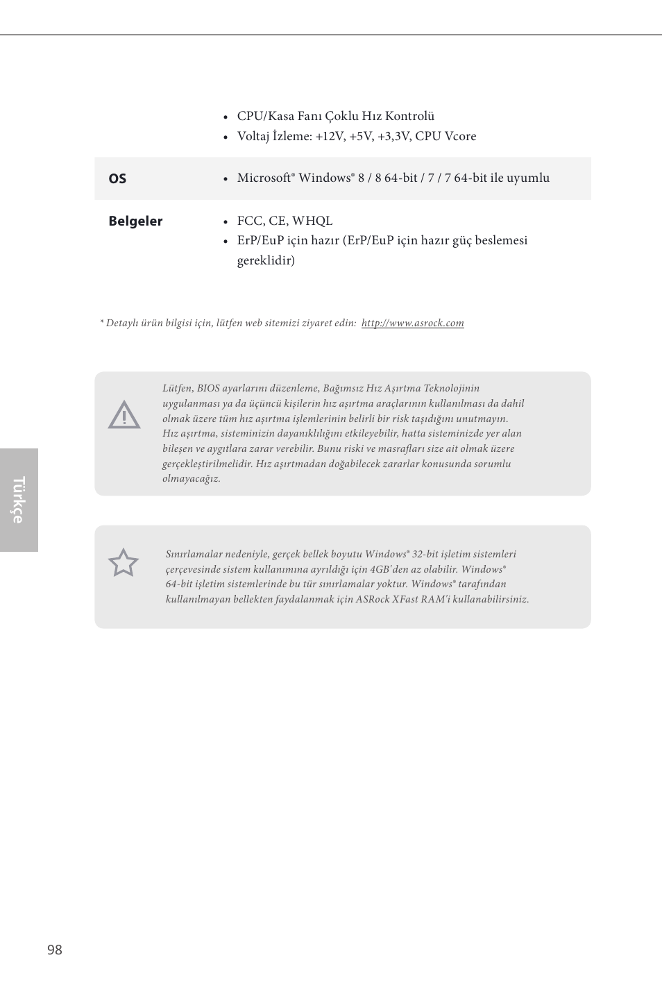 Türk çe | ASRock Z87 Pro4 User Manual | Page 100 / 163