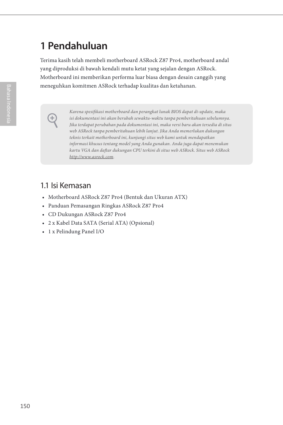 Indonesian, 1 pendahuluan, 1 isi kemasan | ASRock Z87 Pro4 User Manual | Page 152 / 163