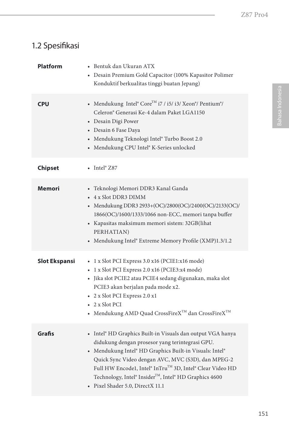 2 spesifikasi, Z87 pro4 | ASRock Z87 Pro4 User Manual | Page 153 / 163