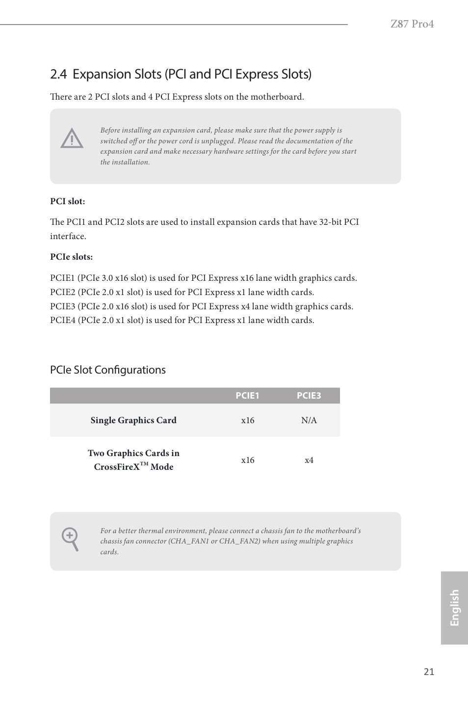 4 expansion slots (pci and pci express slots), Z 8 7 pro4, English | Pcie slot configurations | ASRock Z87 Pro4 User Manual | Page 23 / 163